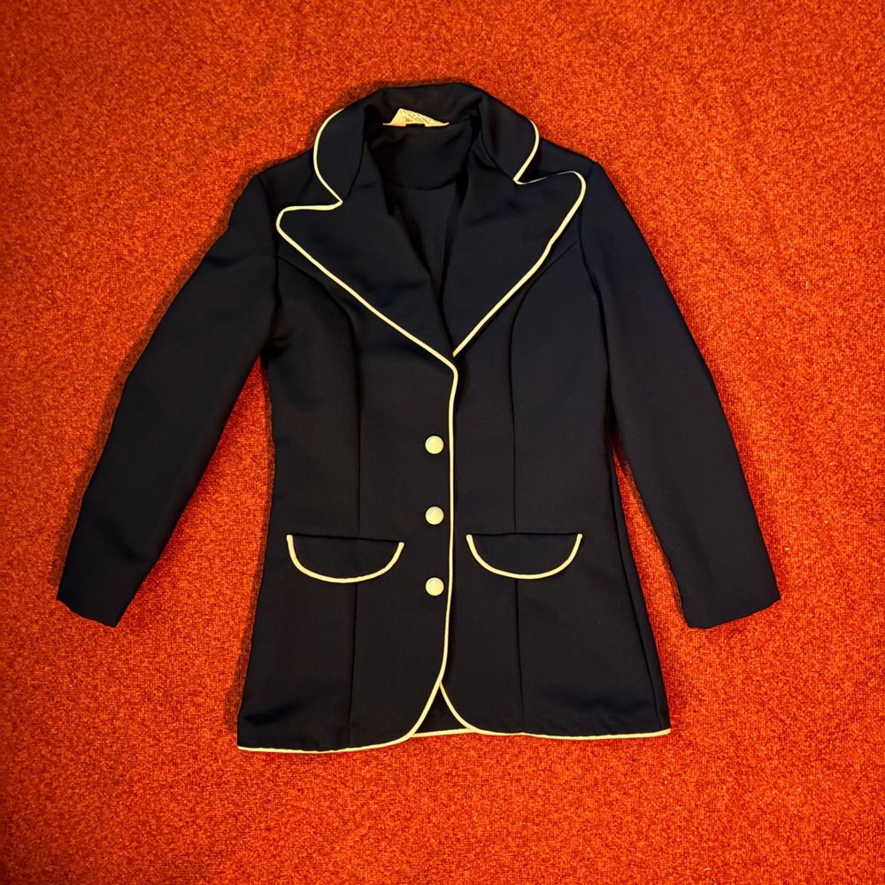 Vintage Navy Blazer Jacket with White Piping and Yellow Buttons Size 12